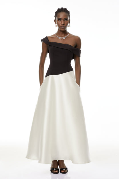 Denisa Black Color Blocked Satin Maxi Dress