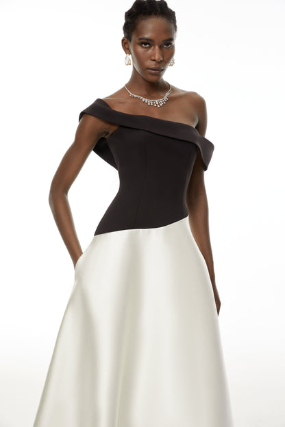 Denisa Black Color Blocked Satin Maxi Dress