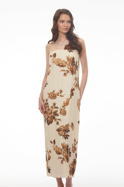 Denise Cream Floral Pleated Midi Dress
