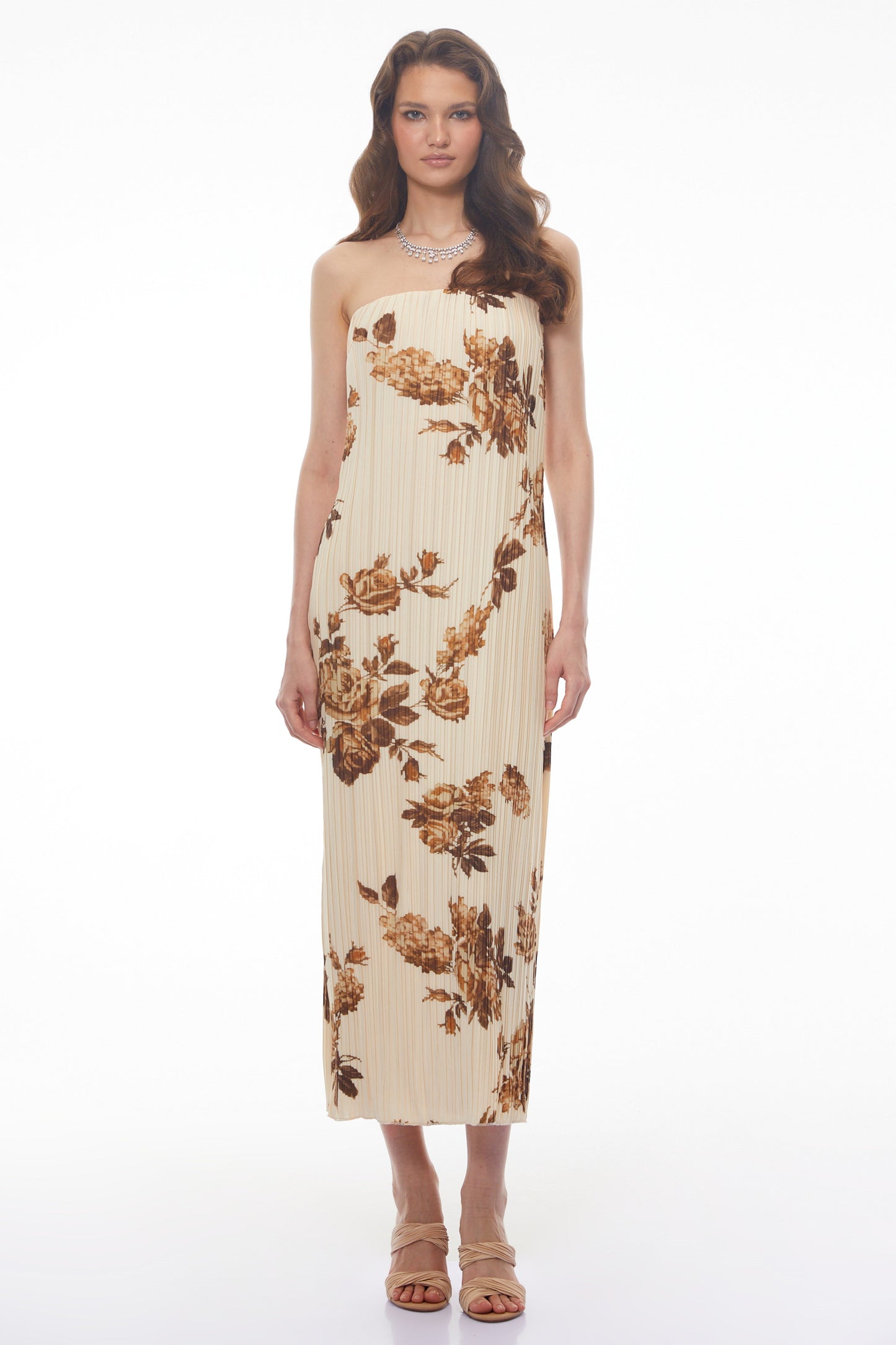 Denise Cream Floral Pleated Midi Dress