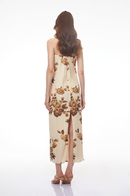 Denise Cream Floral Pleated Midi Dress