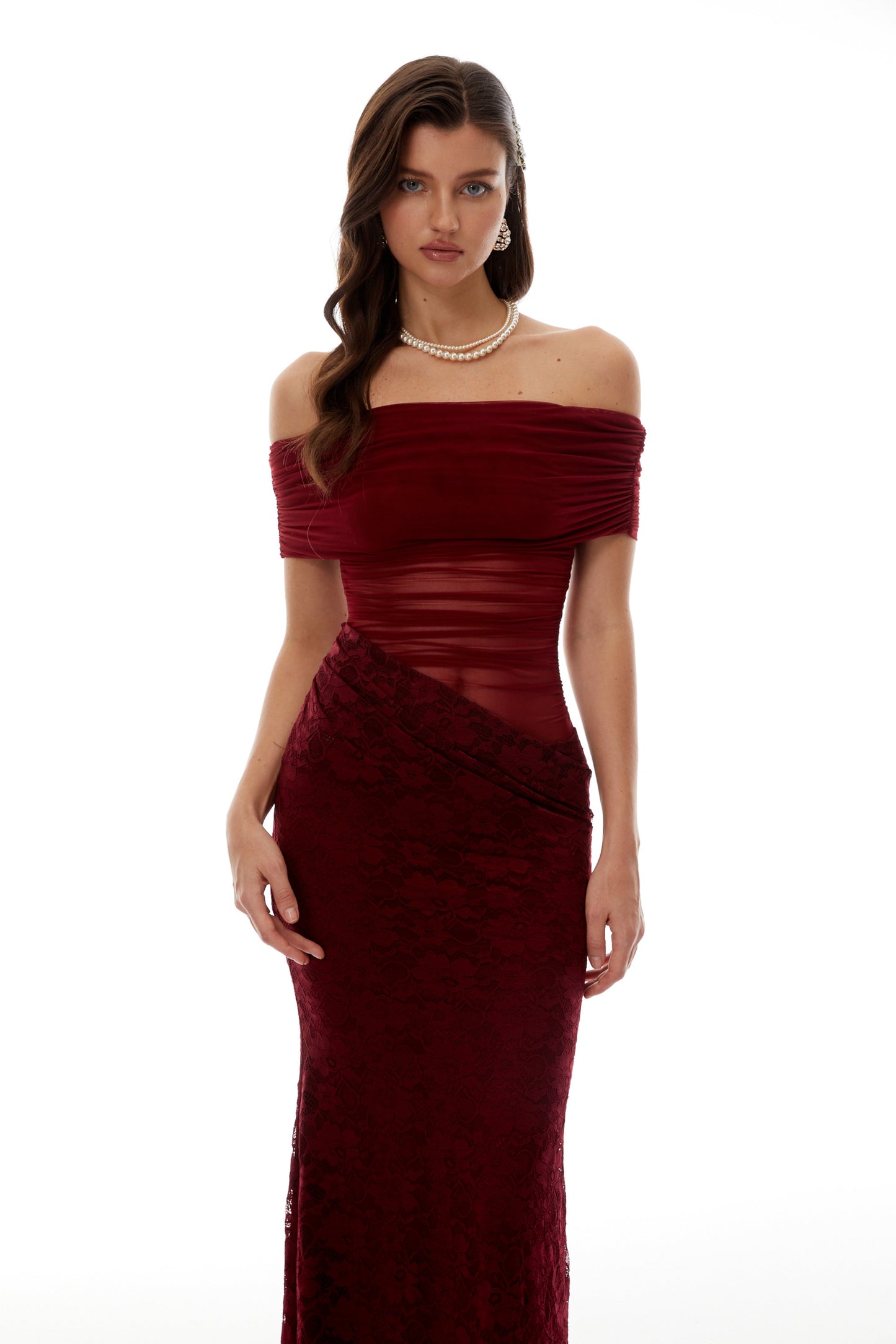 Dianthe Red Lace Panel Mesh Midi Dress