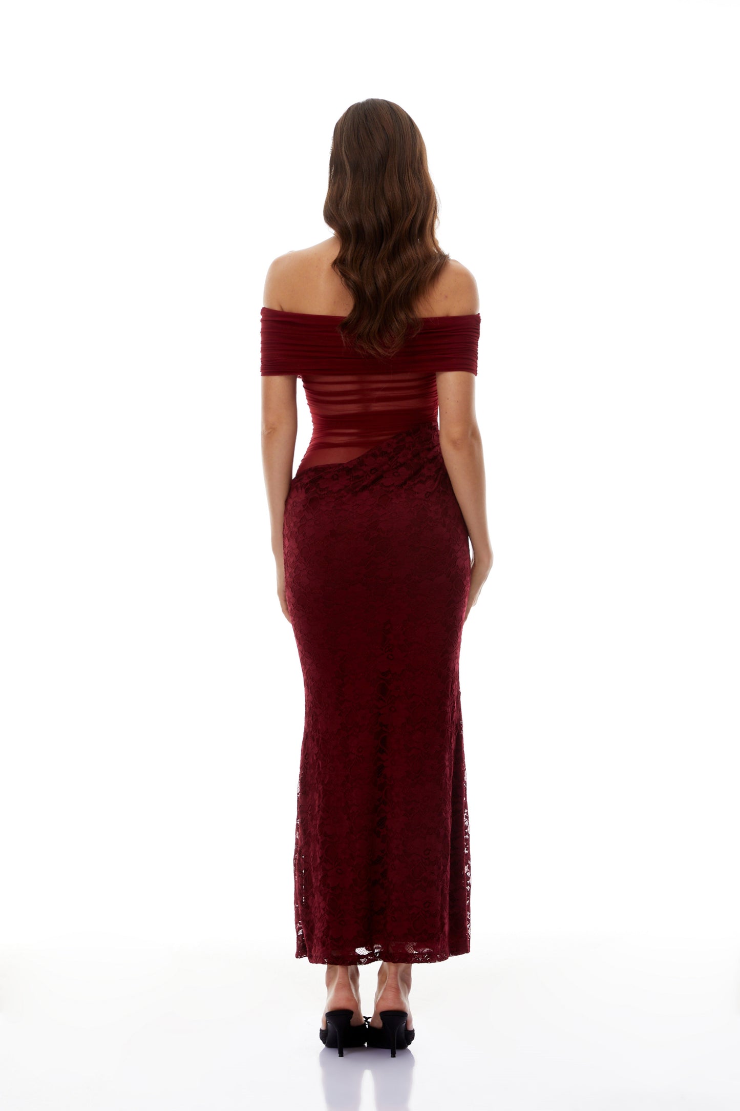 Dianthe Red Lace Panel Mesh Midi Dress