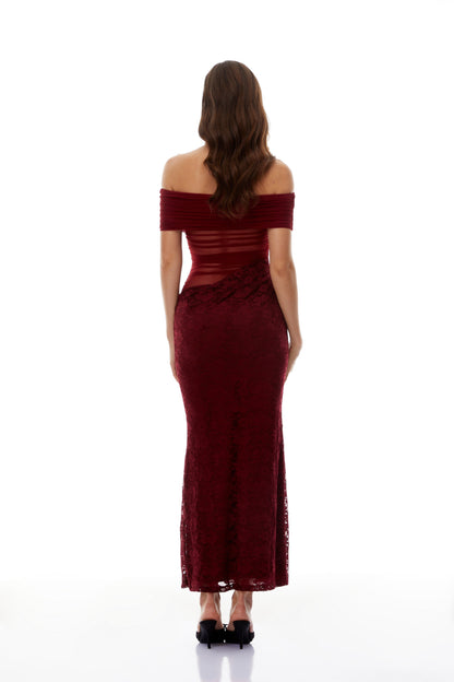 Dianthe Red Lace Panel Mesh Midi Dress