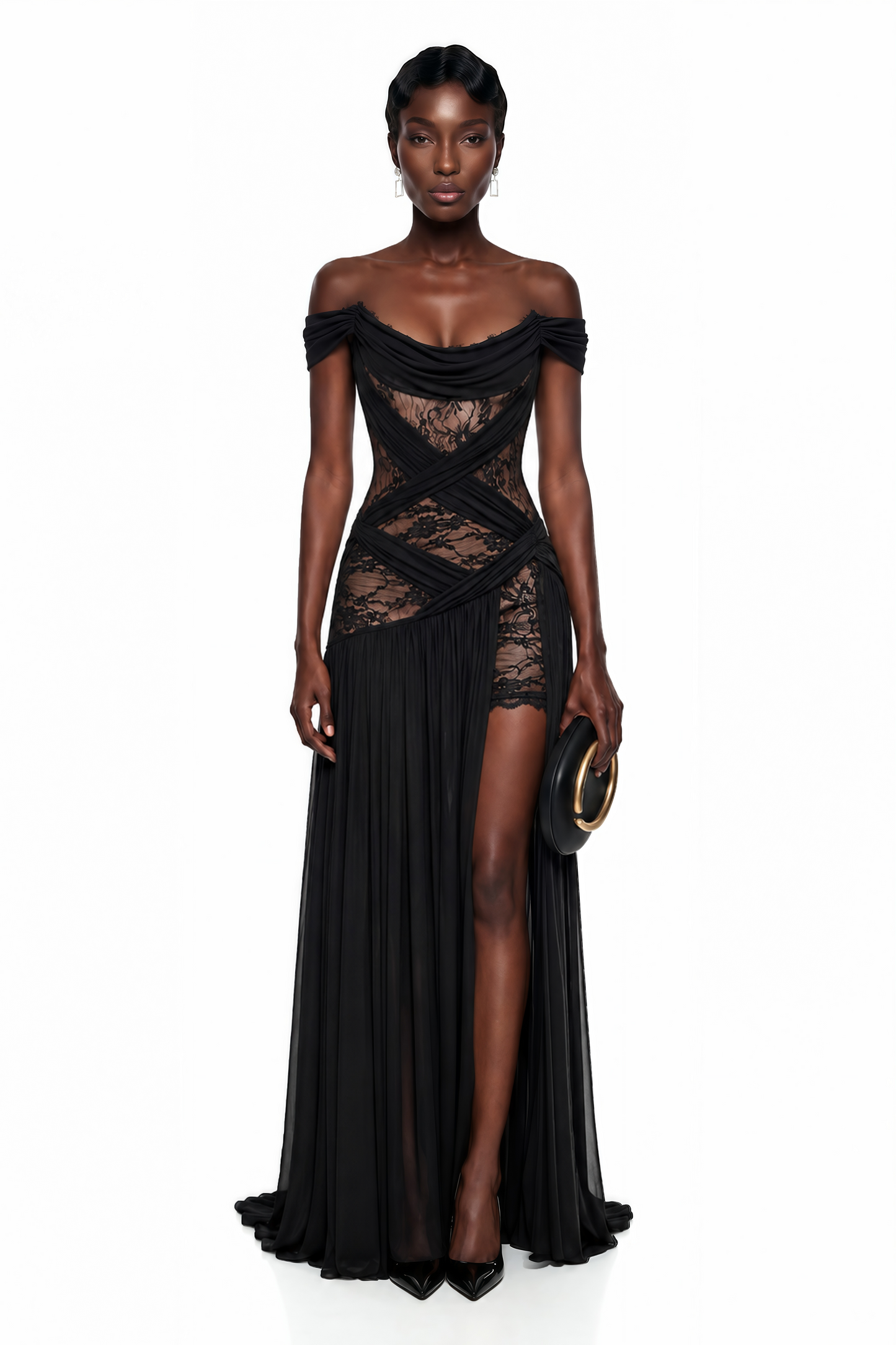 Dildar Black Cross Front Maxi Dress with Lace Panels