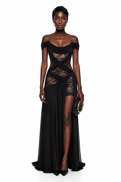 Dildar Black Cross Front Maxi Dress with Lace Panels
