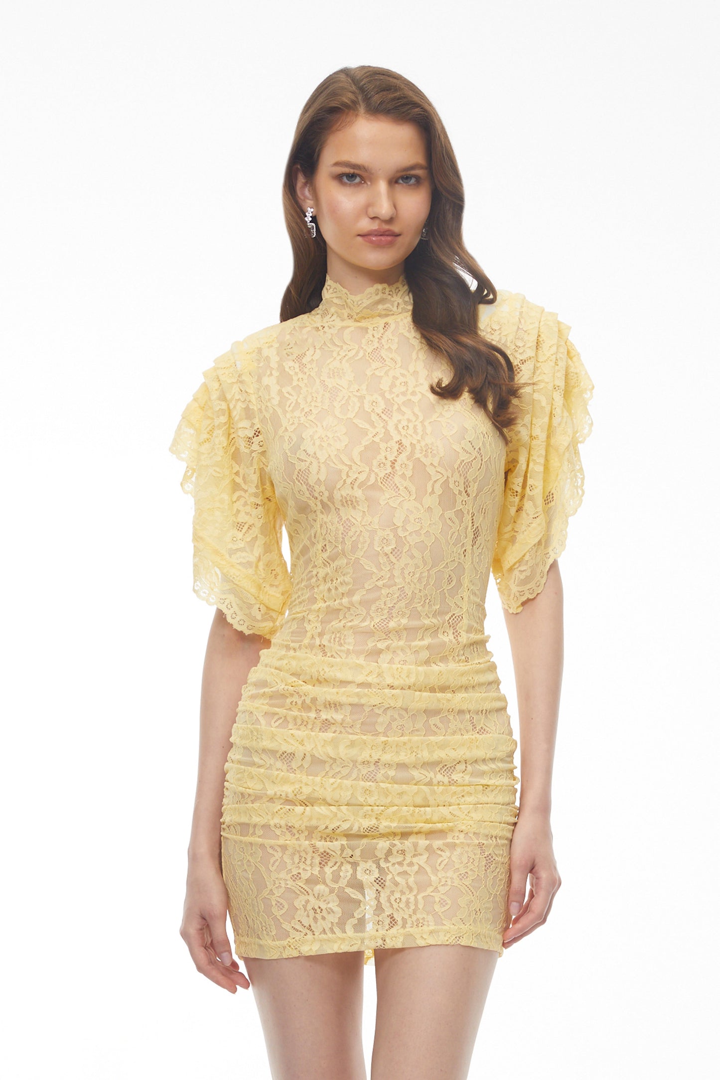 Dionísia Yellow Mock Neck Lace Mini Dress