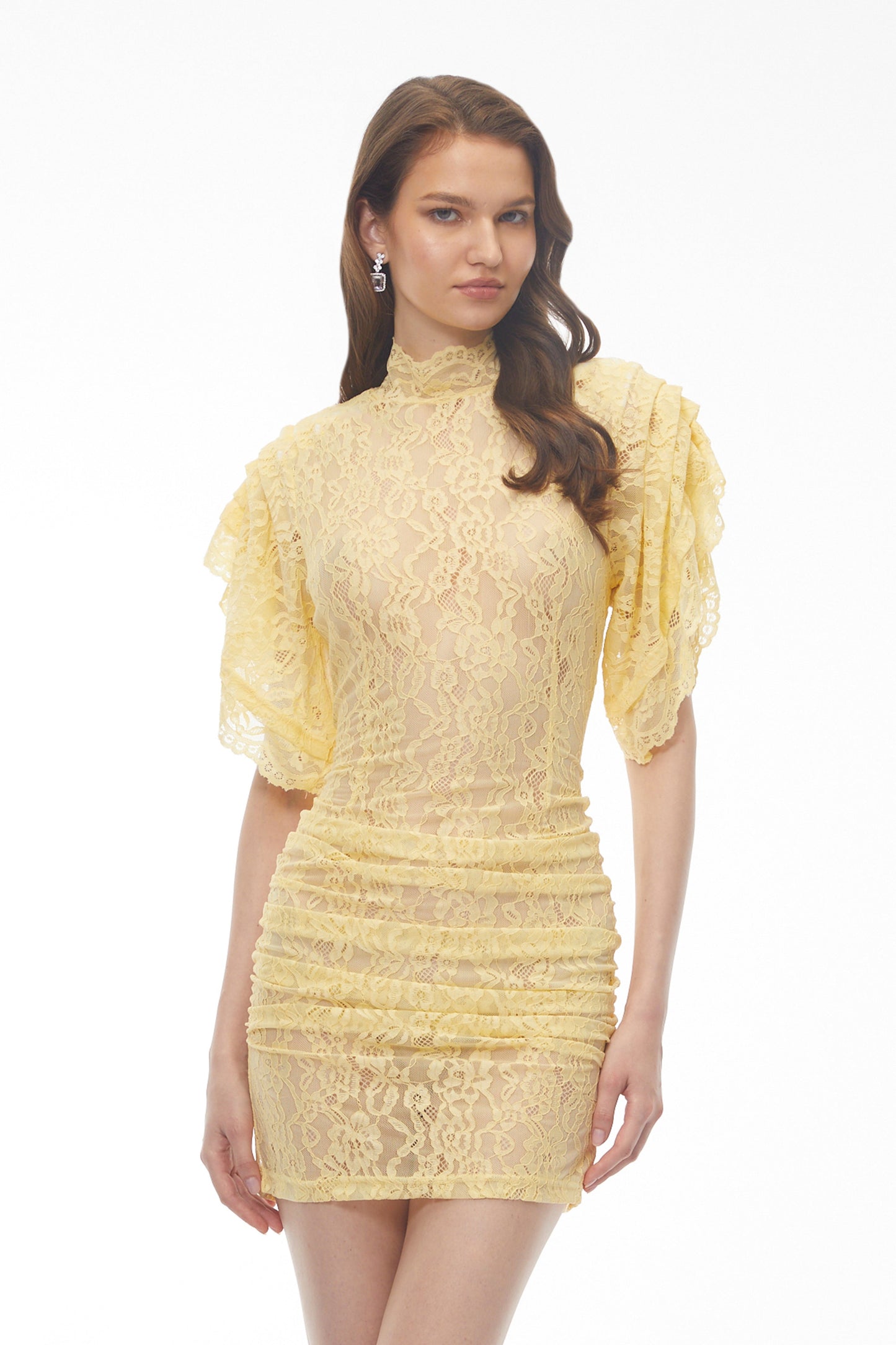 Dionísia Yellow Mock Neck Lace Mini Dress