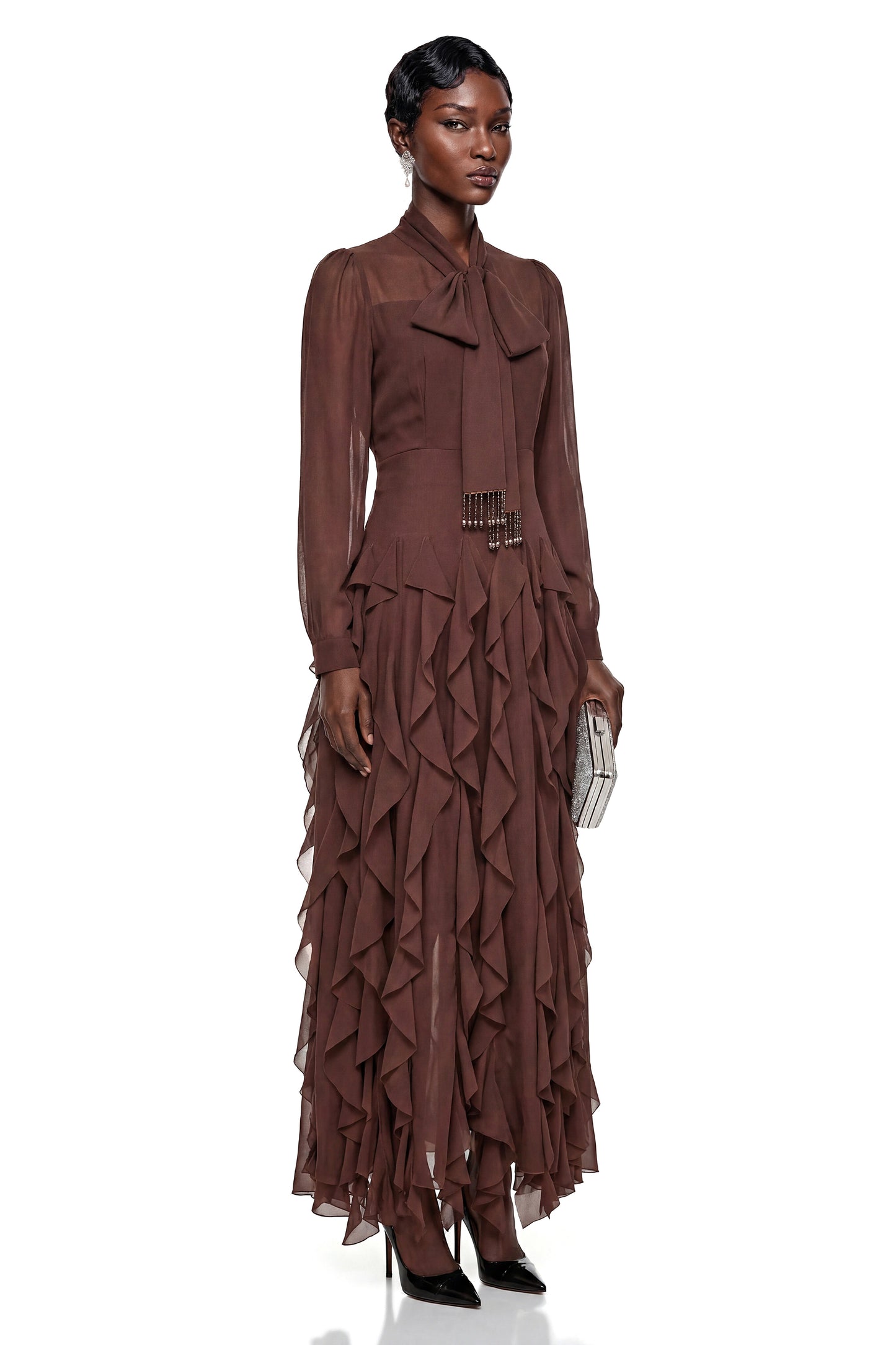 Dirce Chocolate Brown Chiffon Ruffled Maxi Dress