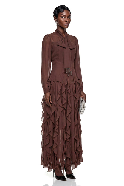 Dirce Chocolate Brown Chiffon Ruffled Maxi Dress