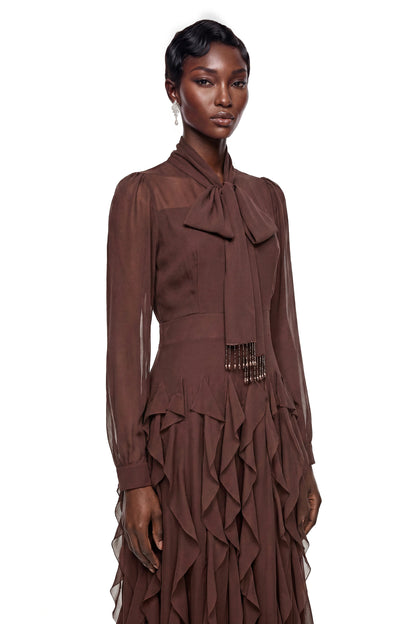 Dirce Chocolate Brown Chiffon Ruffled Maxi Dress