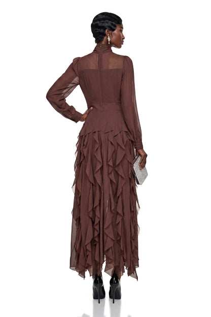 Dirce Chocolate Brown Chiffon Ruffled Maxi Dress