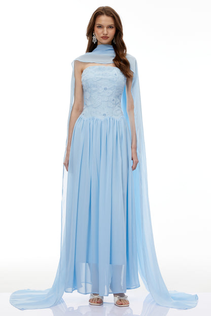 Dobromila Blue Floral Embroidered Pleated Maxi Dress