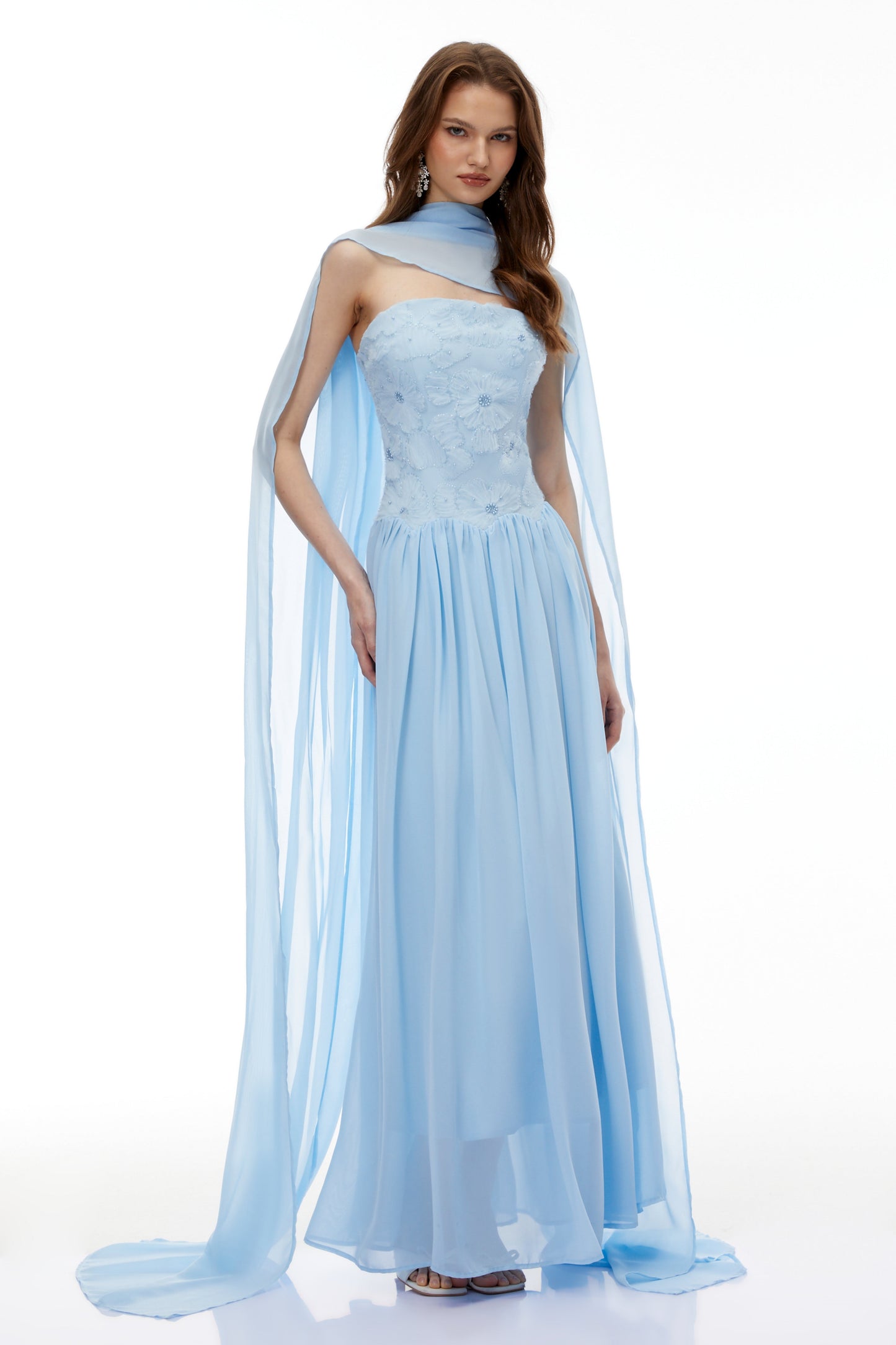 Dobromila Blue Floral Embroidered Pleated Maxi Dress