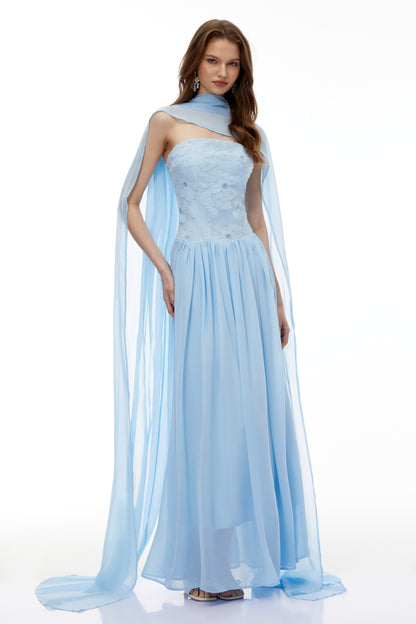 Dobromila Blue Floral Embroidered Pleated Maxi Dress