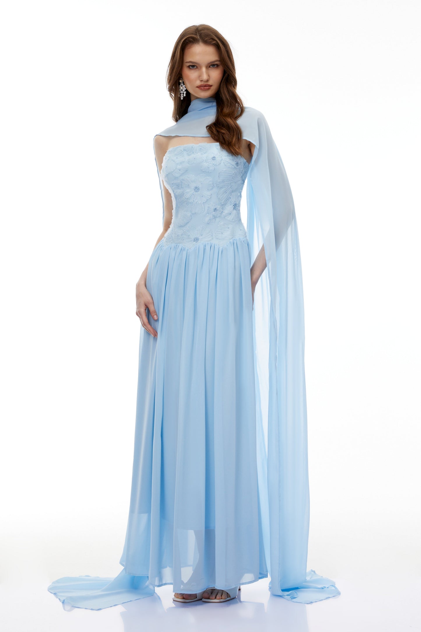 Dobromila Blue Floral Embroidered Pleated Maxi Dress