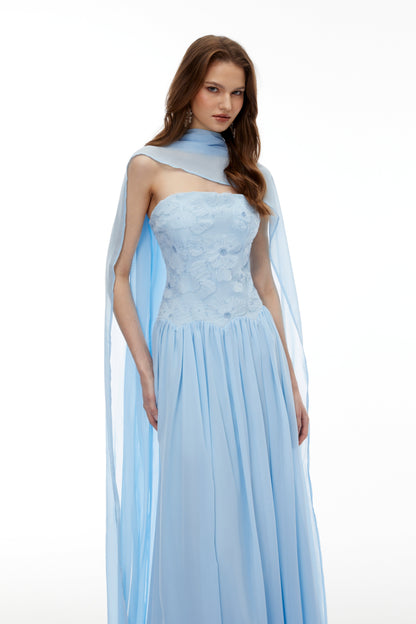 Dobromila Blue Floral Embroidered Pleated Maxi Dress