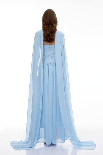Dobromila Blue Floral Embroidered Pleated Maxi Dress