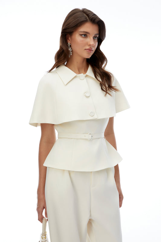 Dolores Cream Blazer & Trousers Set with Cape Sleeves