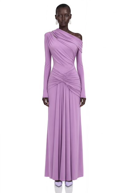 Dolores Purple Long Sleeve One Shoulder Ruched Maxi Dress