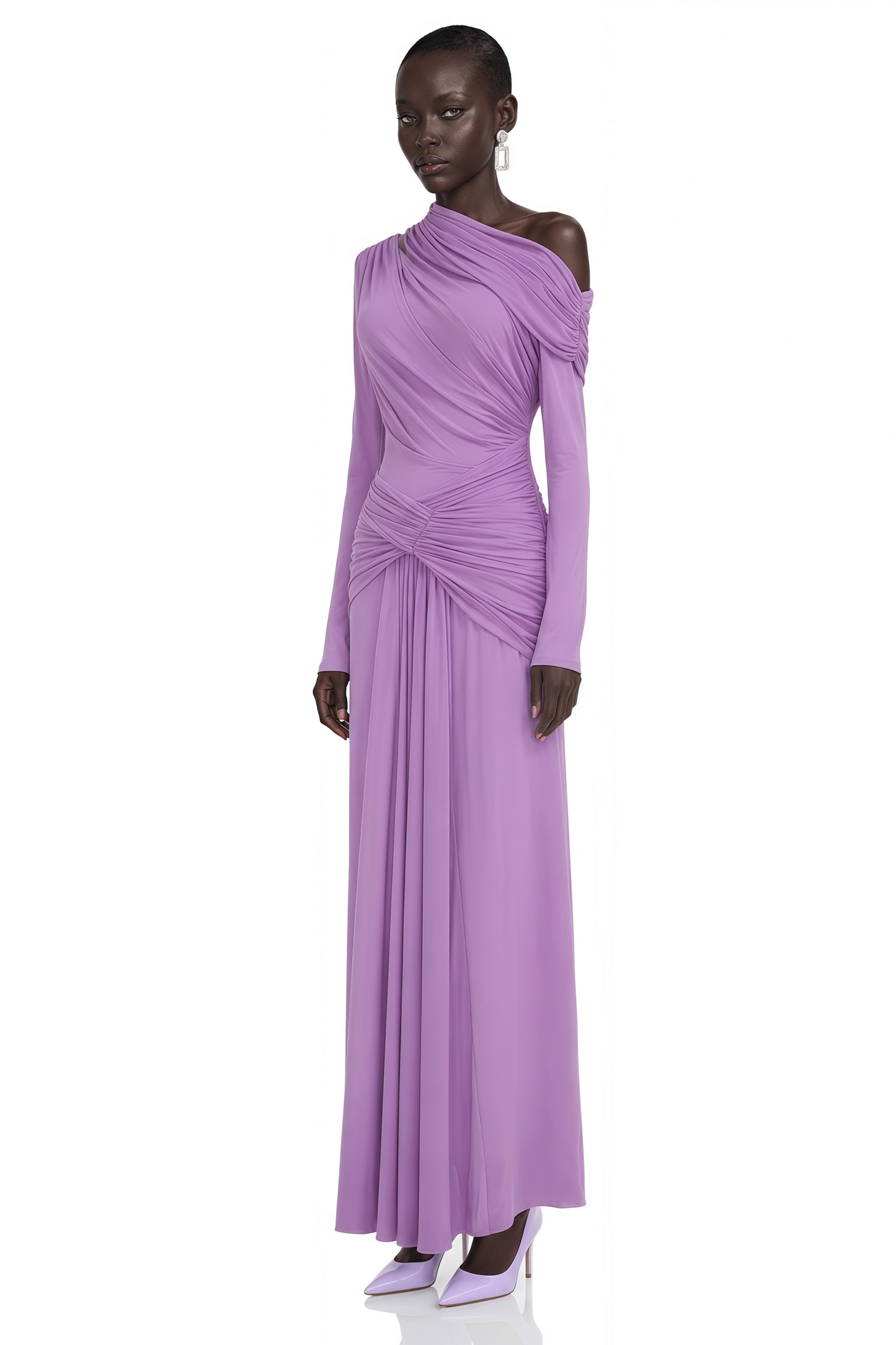 Dolores Purple Long Sleeve One Shoulder Ruched Maxi Dress