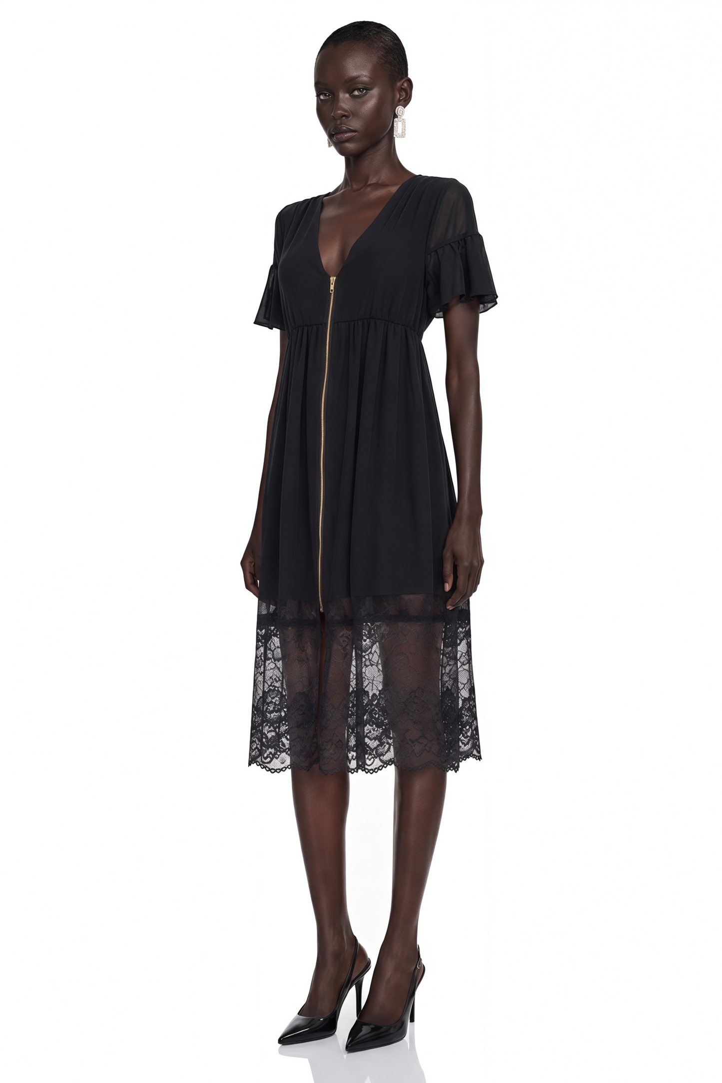 Domenica Black Ruffled Midi Dress with Lace Trim