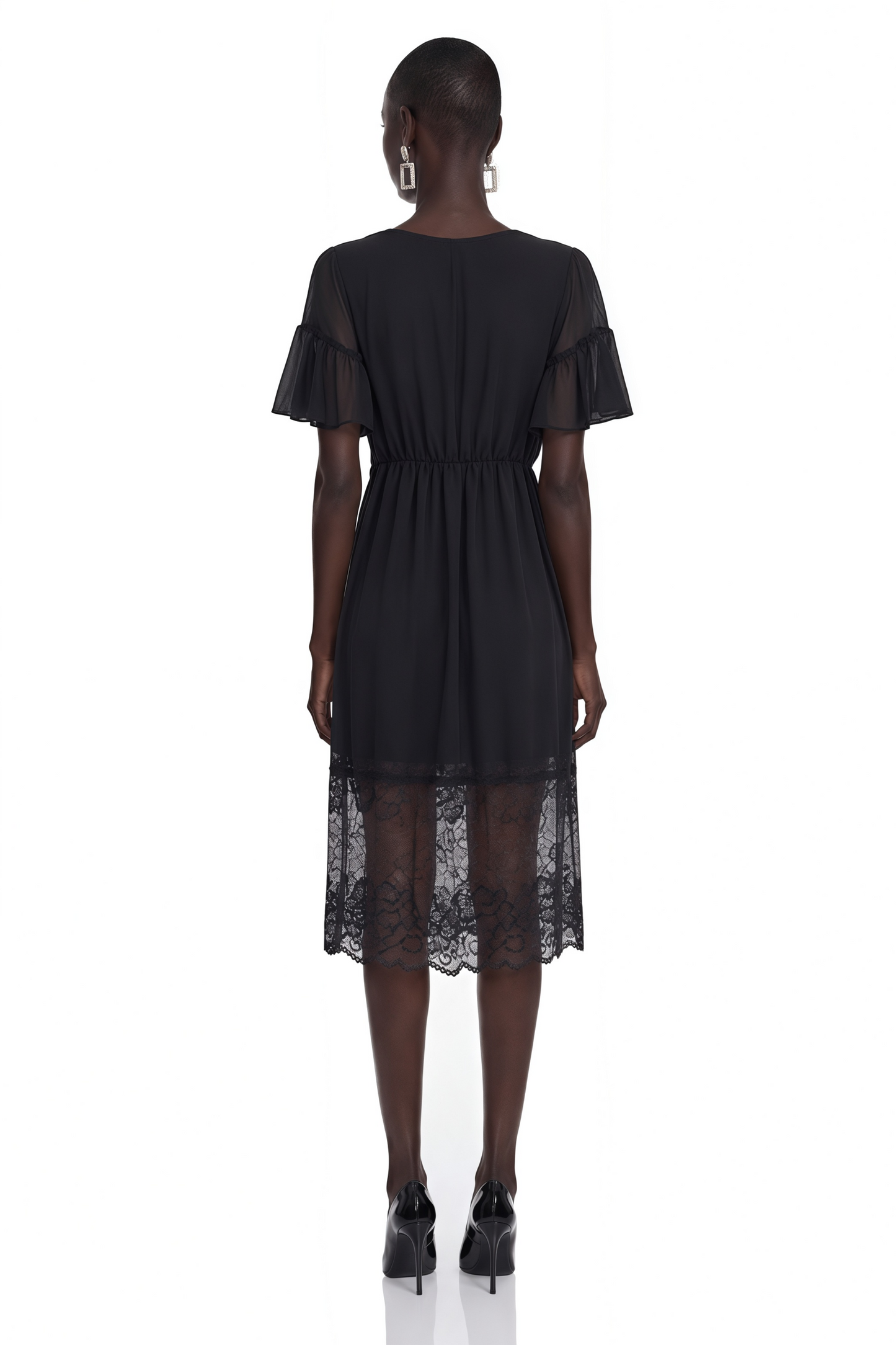 Domenica Black Ruffled Midi Dress with Lace Trim