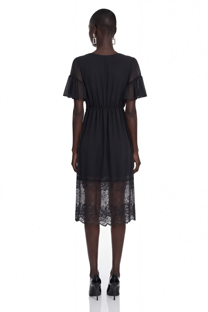 Domenica Black Ruffled Midi Dress with Lace Trim