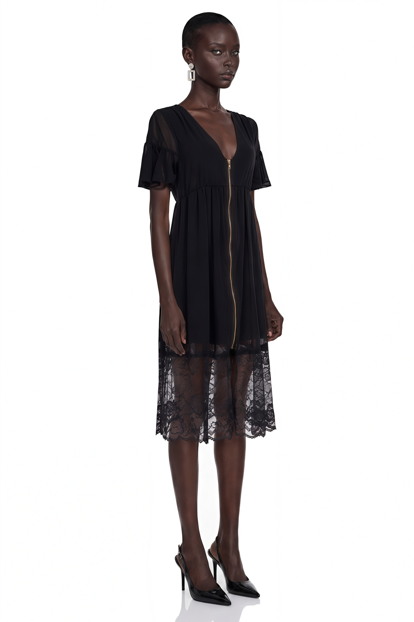 Domenica Black Ruffled Midi Dress with Lace Trim