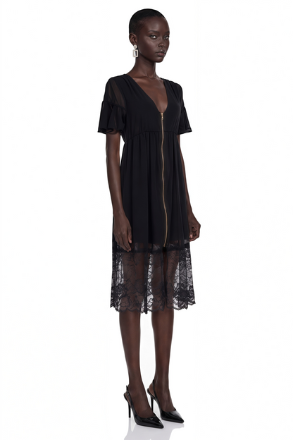 Domenica Black Ruffled Midi Dress with Lace Trim