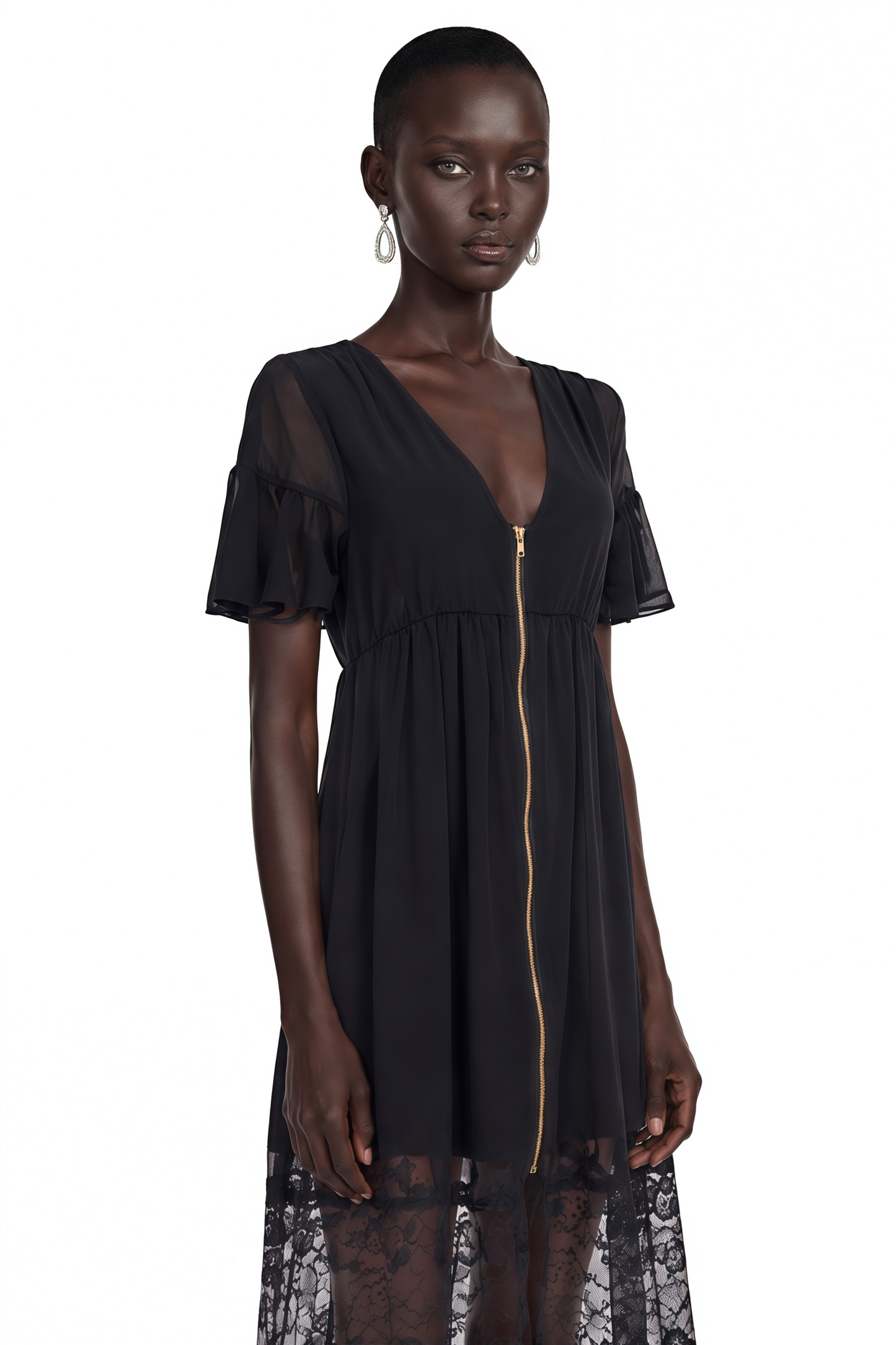Domenica Black Ruffled Midi Dress with Lace Trim
