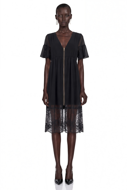 Domenica Black Ruffled Midi Dress with Lace Trim