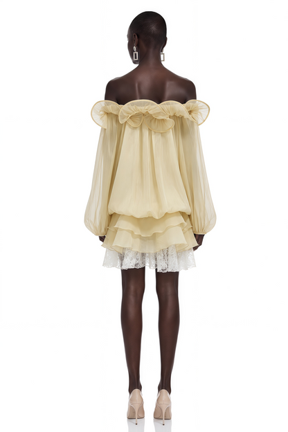 Dominica Pale Yellow Ruffled Mini Dress with 3D Florals