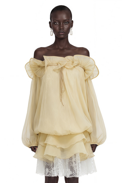 Dominica Pale Yellow Ruffled Mini Dress with 3D Florals