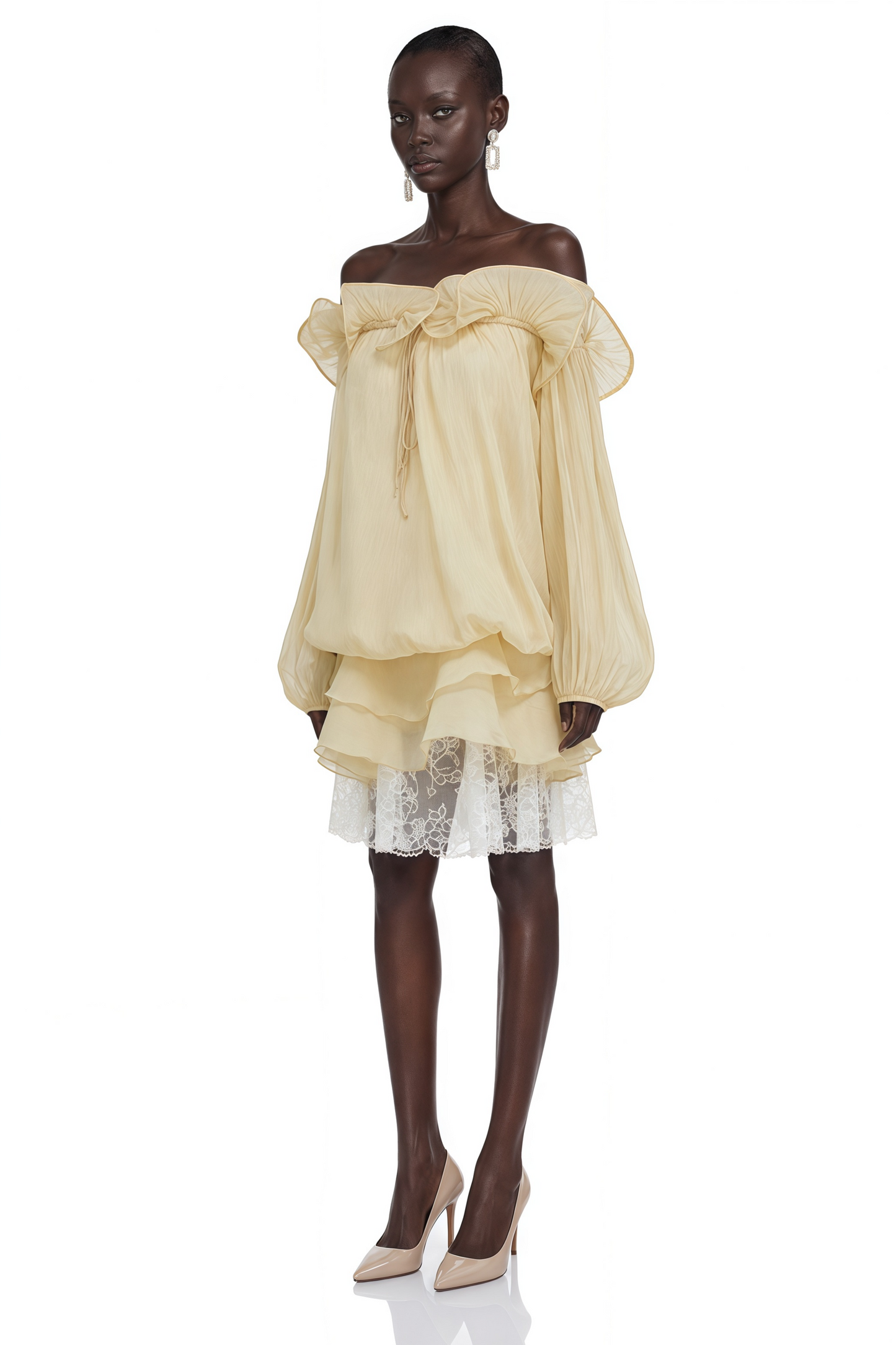 Dominica Pale Yellow Ruffled Mini Dress with 3D Florals