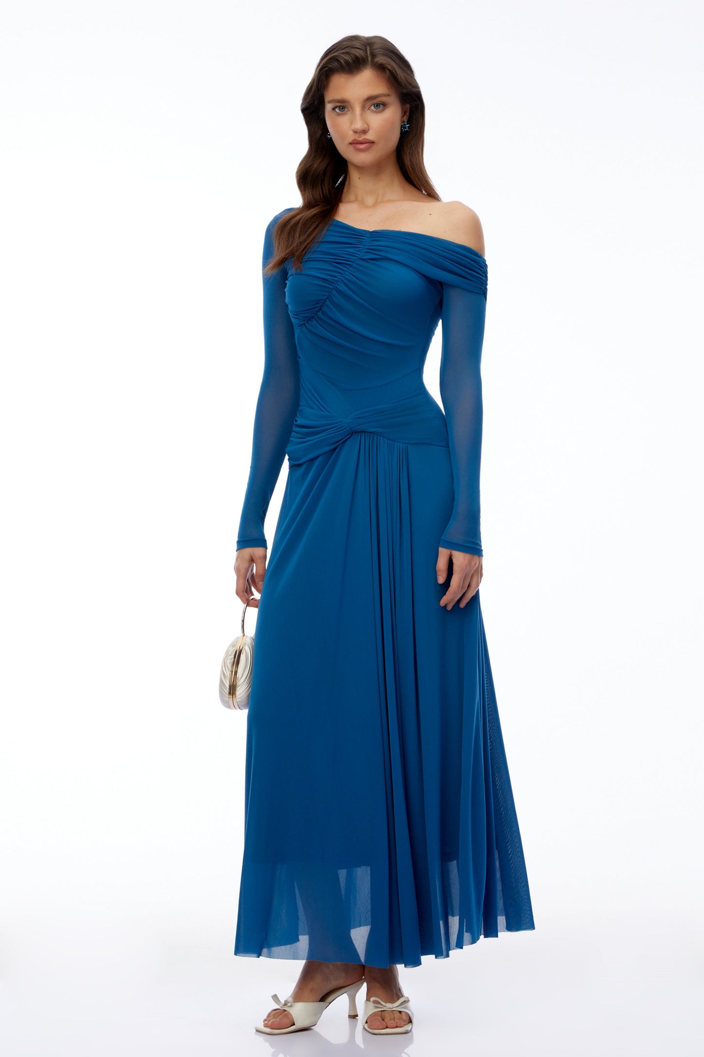Donatella Teal Blue Off Shoulder Long Sleeves Maxi Dress