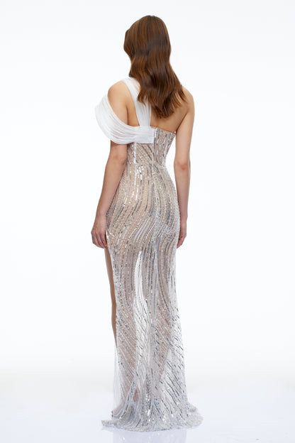 Donatella Silver Rhinestone Maxi Dress with Slit
