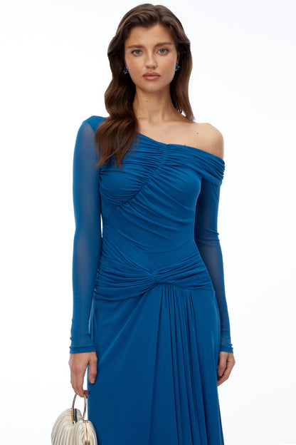 Donatella Teal Blue Off Shoulder Long Sleeves Maxi Dress