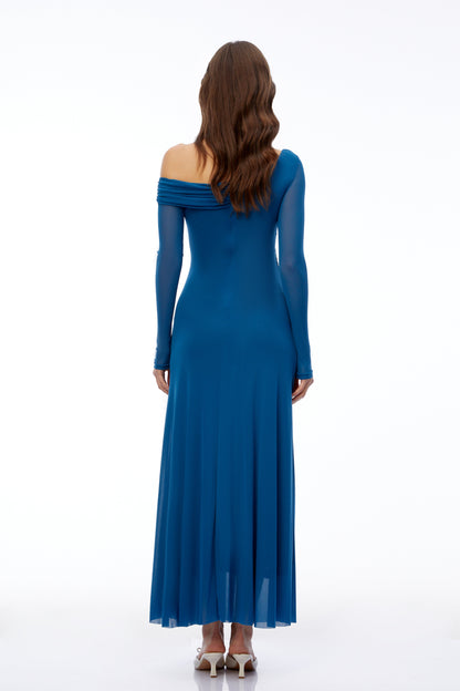 Donatella Teal Blue Off Shoulder Long Sleeves Maxi Dress