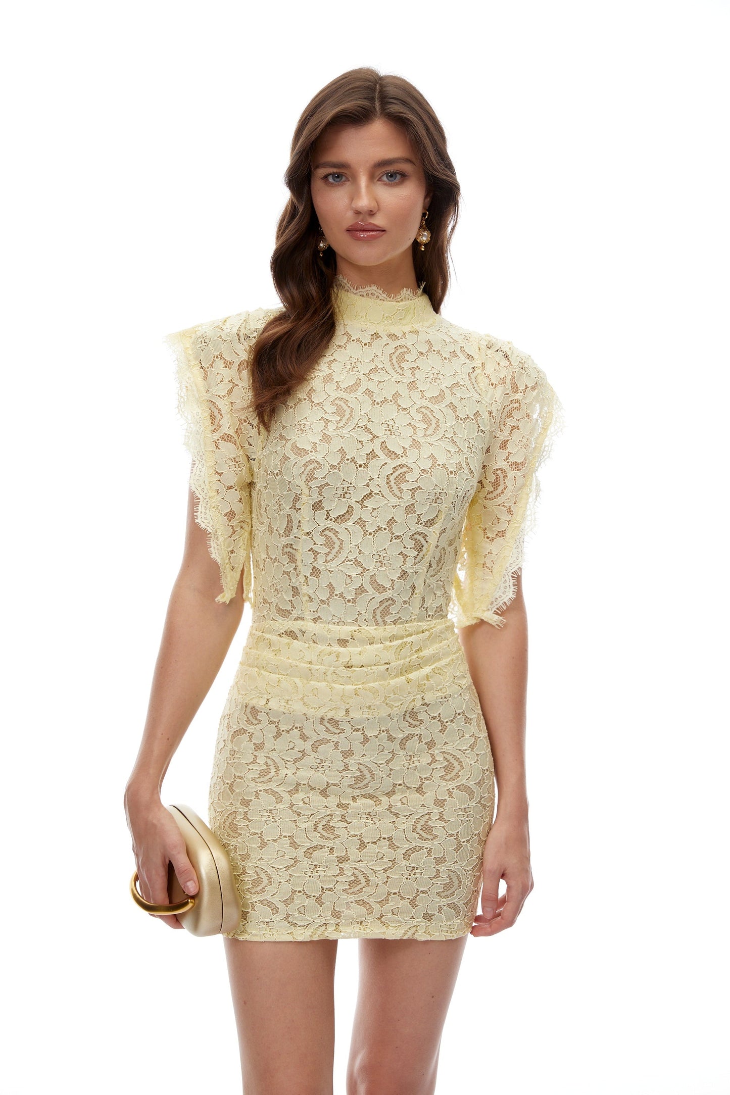 Dionísia Yellow Mock Neck Lace Mini Dress