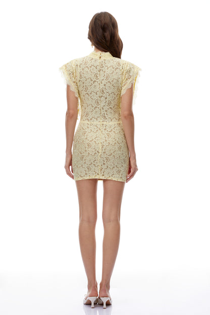 Dionísia Yellow Mock Neck Lace Mini Dress