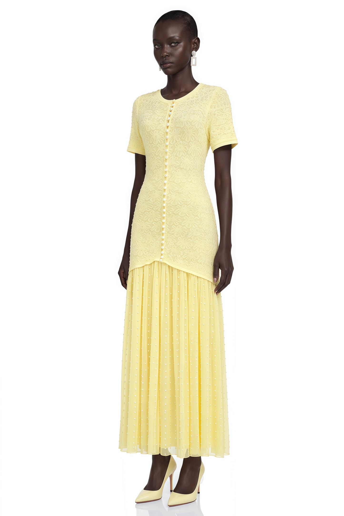 Dorothy Yellow Rhinestone Pleated Maxi Dress