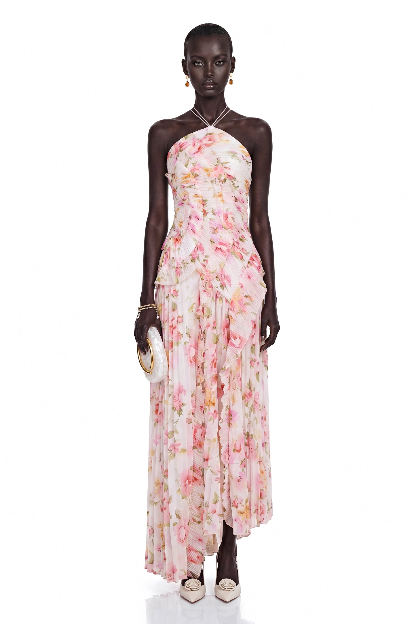Doux Pink Floral Ruffled Trim Pleated Midi Dress