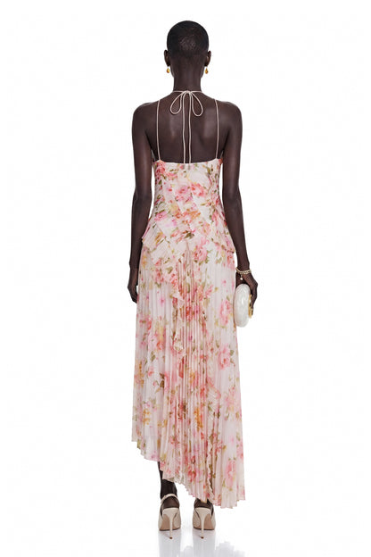 Doux Pink Floral Ruffled Trim Pleated Midi Dress