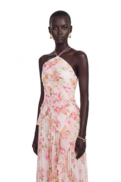 Doux Pink Floral Ruffled Trim Pleated Midi Dress