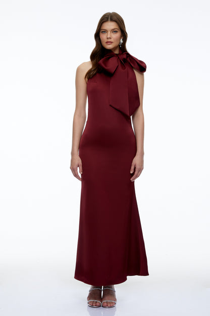 Drusilla Burgundy Halterneck Maxi Dress with Bow