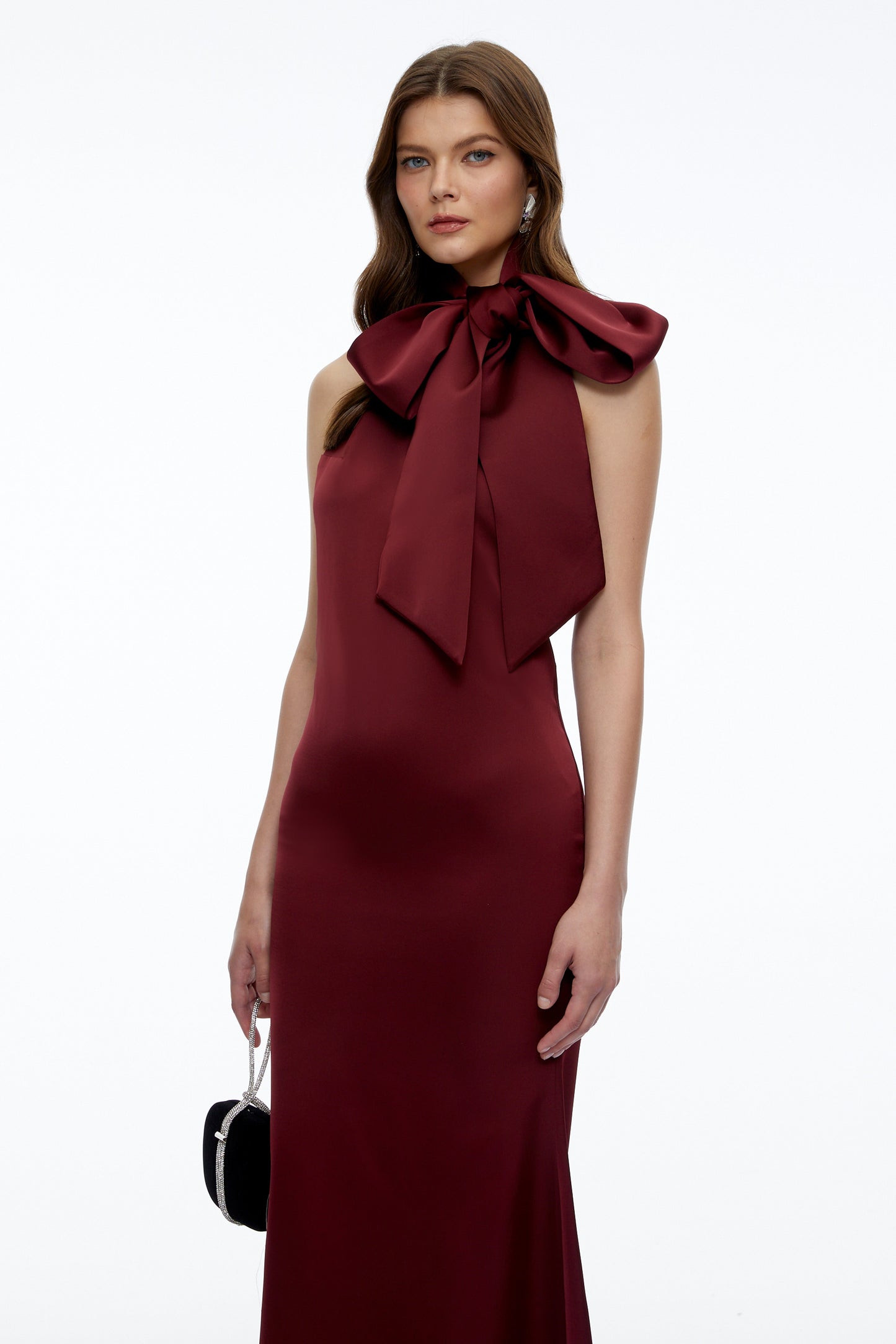 Drusilla Burgundy Halterneck Maxi Dress with Bow