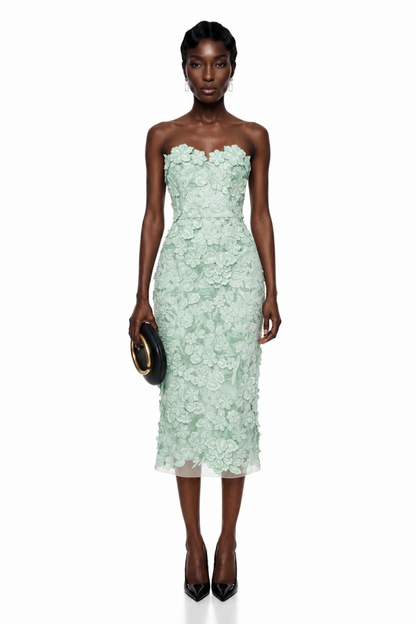 Duygu Green Off Shoulder Midi Dress with 3D Florals