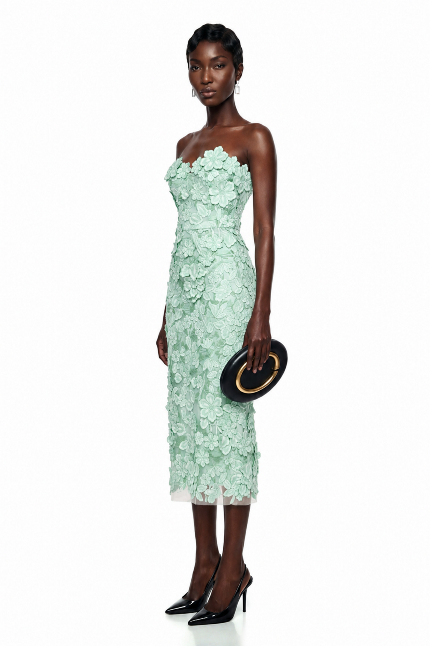 Duygu Green Off Shoulder Midi Dress with 3D Florals