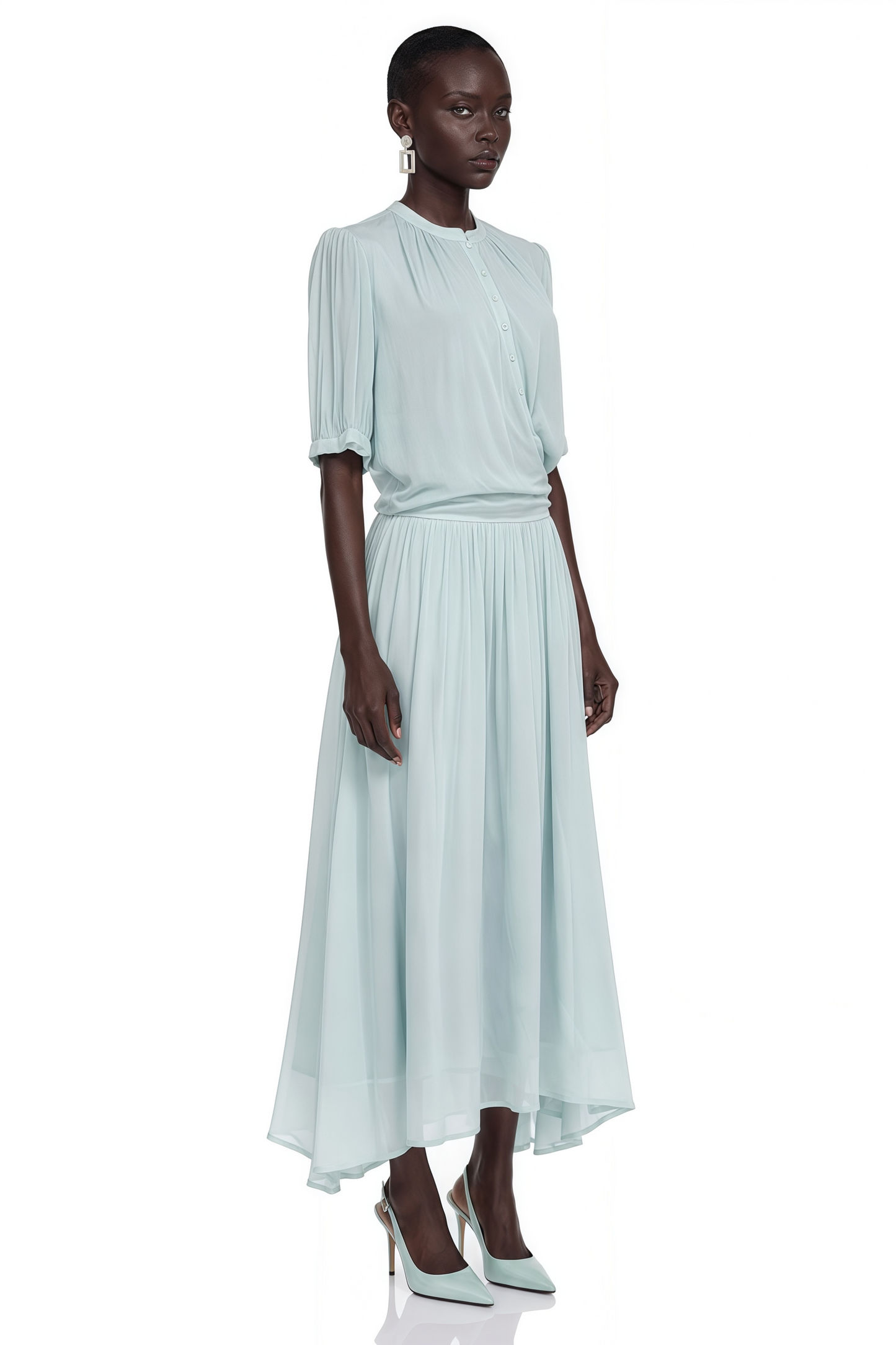 Duygu Açık Mint Asimetrik Büzgülü Maxi Elbise